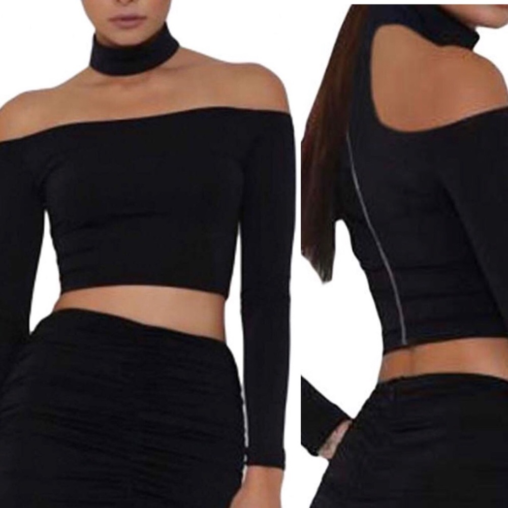 NWOT Choker Black Zipper Back Crop Top Size Large